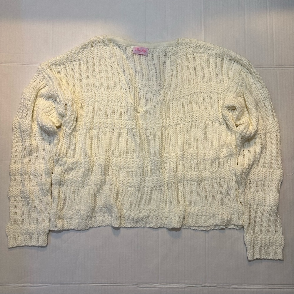 NWOT! Pink Lily - White Cropped Open Knit Sweater - Size Large